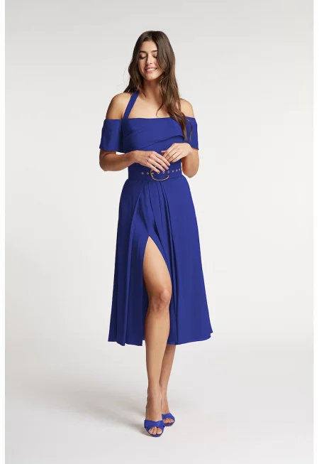 Рокля с лен Chimera с дълбока странична цепка