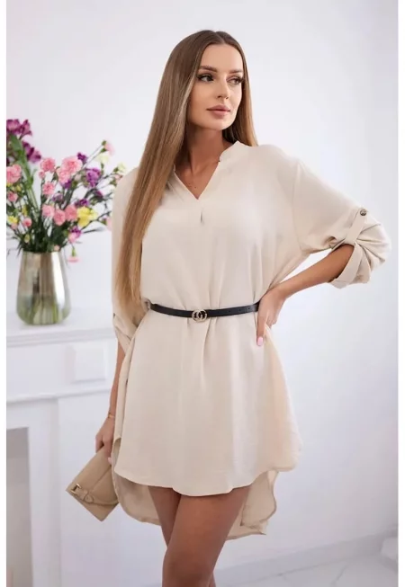 Рокля с V-образно деколте и колан - Един размер