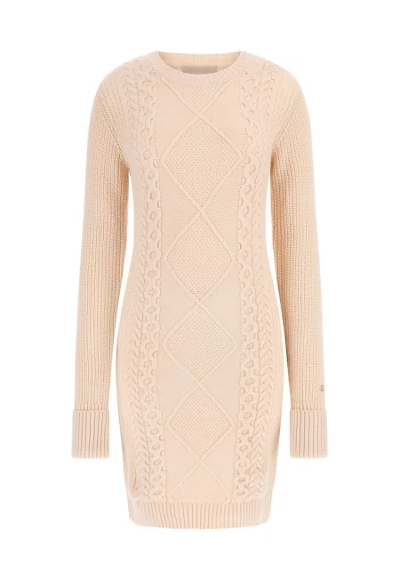 Рокля тип пуловер с вълна с овално деколте - Праскова