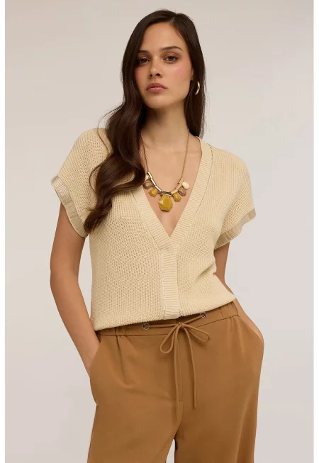 Шпиц пуловер с къси ръкави - Камел