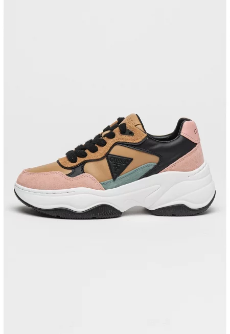 Спортни обувки от еко кожа с велур - Кафяв/Розова сьомга/Аква зелено