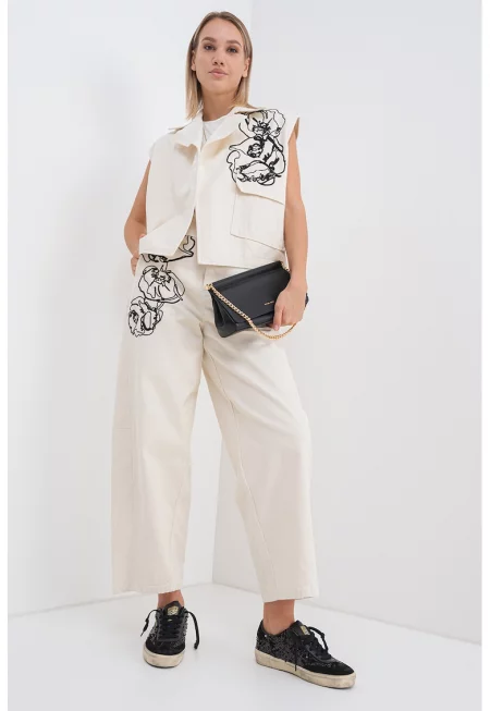 Свободен памучен елек с пришит джоб - Светло бежово