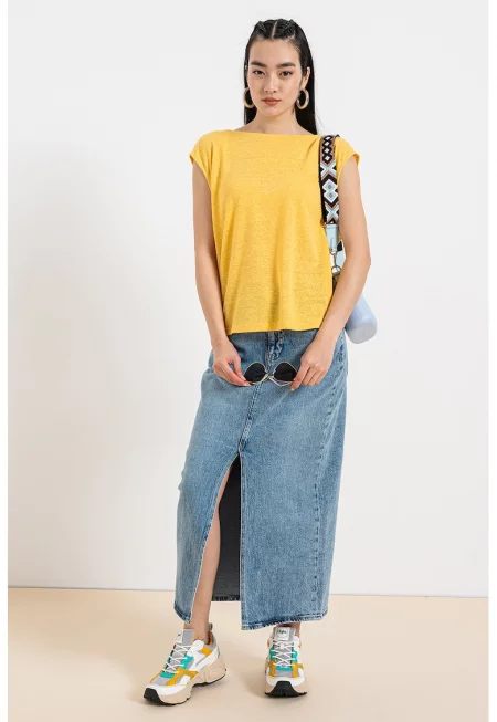 Тениска Fiara с лен и отвор на гърба