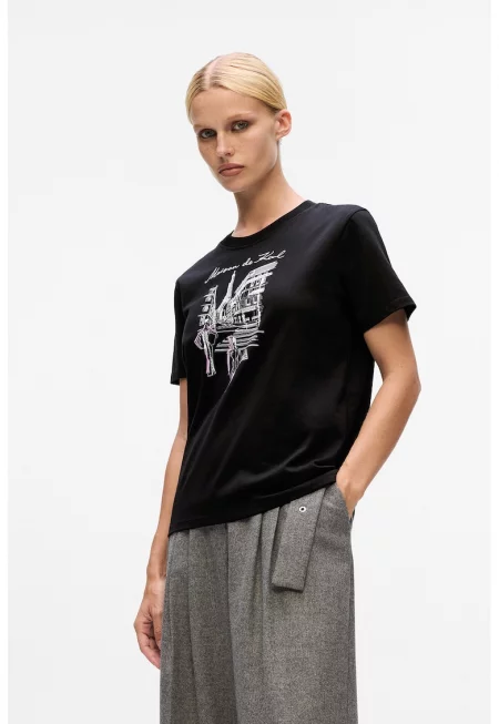 Тениска от органичен памук с фигурален принт - Бял/Черен