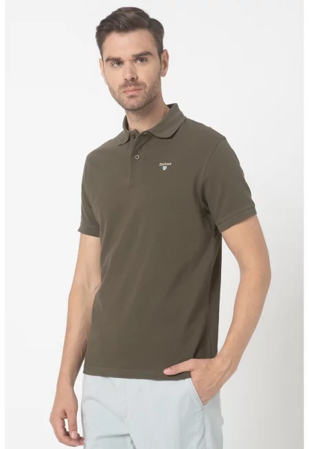 Тениска от пике с яка и бродирано лого - Бял/Каки