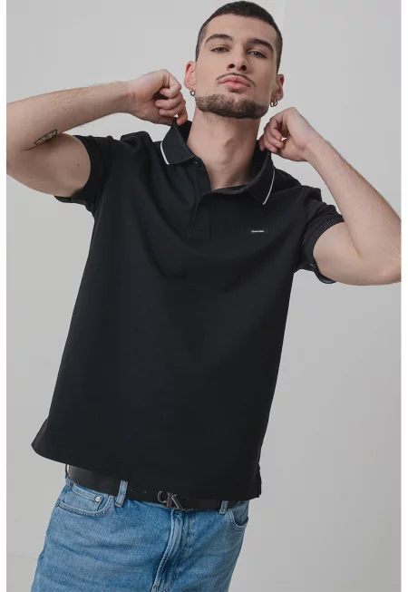 Тениска с органичен памук и яка - Бял/Черен