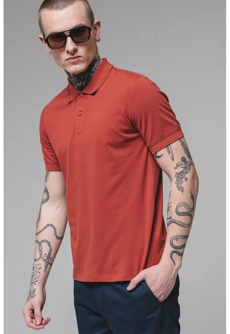 Тениска с органичен памук с яка - Керемидено червено