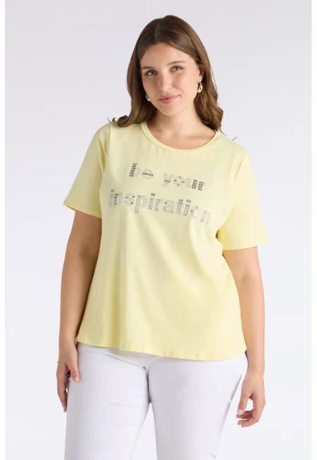 Тениска с овално деколте и пайети - Бледожълт
