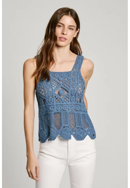 Топ от кроше с квадратно деколте - Тъмносин