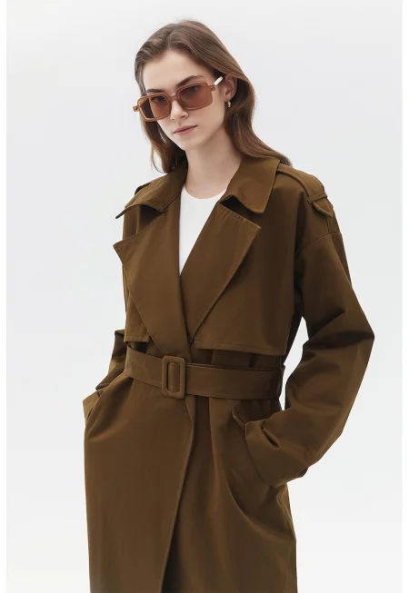 Тренч с раздвоен ревер и скосени джобове - Кафяв