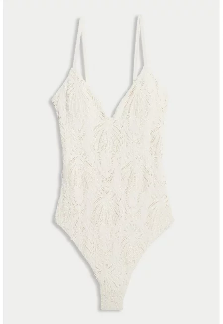 Цял бански с бродерия - Бял