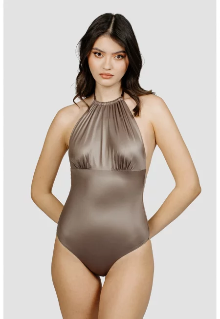 Цял бански с халтер деколте - Светлокафяв