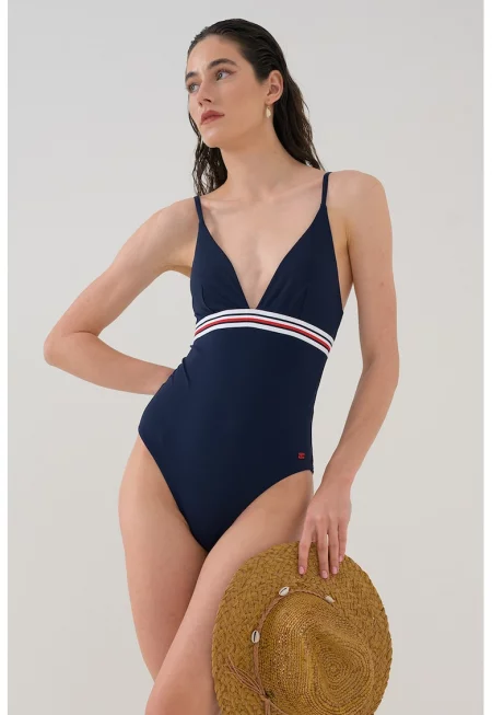 Цял бански с шпиц - Червен/Бял/Ултрамарин синьо