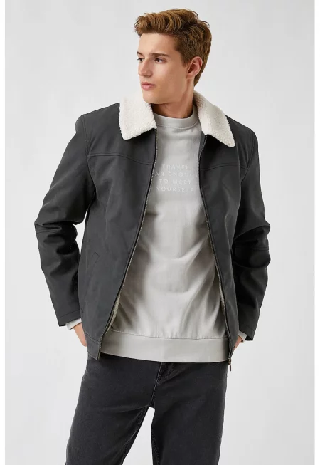 Яке от еко кожа с плюшена яка