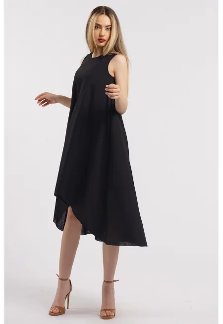 Асиметрична рокля от лен - Черен