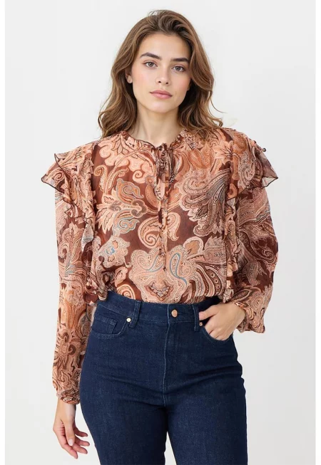 Блуза с набирания и принт - Светлокафяв