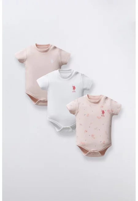 Боди с къси ръкави и принт - 3 части - Бял/Светло бежово