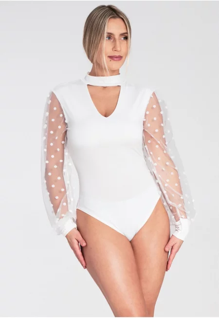 Дамска блуза боди  С дълъг ръкав - Висока яка - Прозрачни ръкави - Полиестер - Бял - S/M