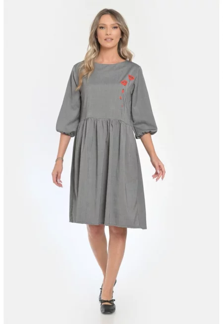 Дамска миди рокля V295 - Ръчно рисувана - флорален модел