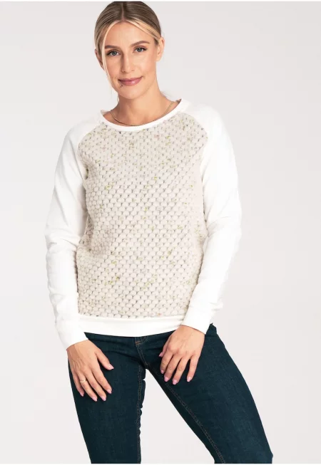 Дамски суитшърт  M1046 - екрю - памук/еластан - без качулка - модерен дизайн