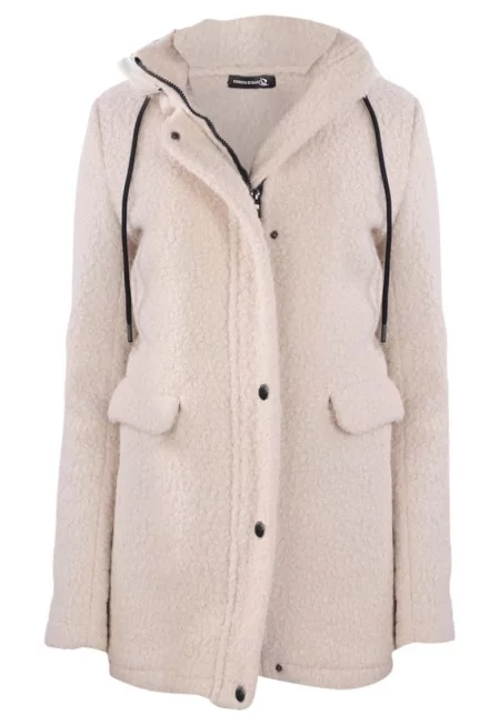 Дамско палто  екрю - с качулка - дълъг ръкав - полиестерен материал -