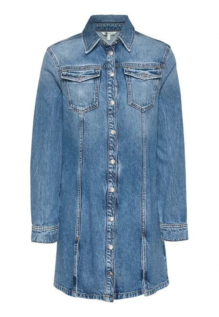 Дънкова рокля с дълги ръкави - Син