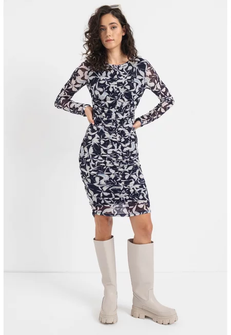 Флорална рокля Ava - Бял/Индигово синьо