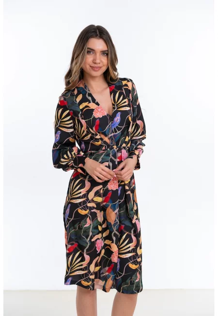 Флорална рокля с дълги ръкави - Зелен/Жълт/Син