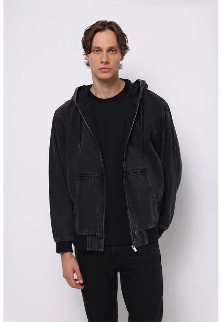 Худи с джоб и цип - Черен меланж