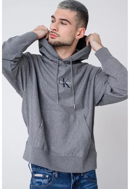 Худи с памук с джоб кенгуру - Сив меланж