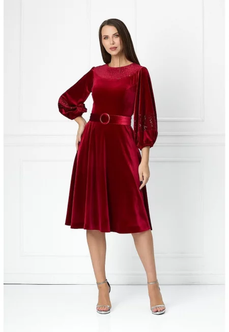 Кадифена миди рокля Feodora с бляскави частици - Тъмночервен
