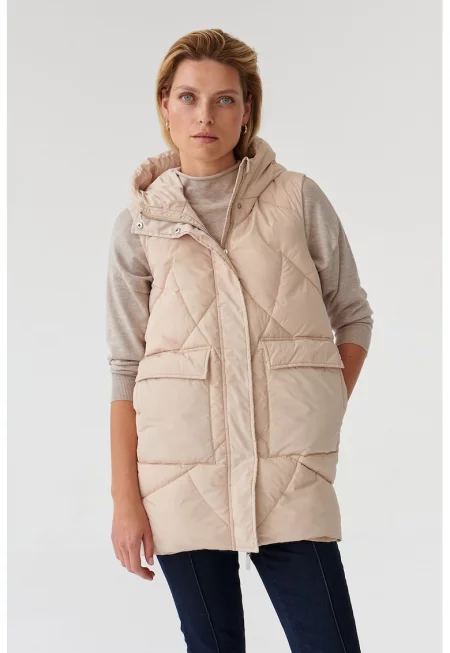 Капитониран елек с качулка - Светло бежово