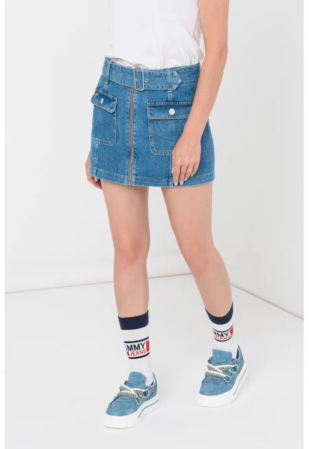 Къса дънкова пола с джобове - Прашно синьо