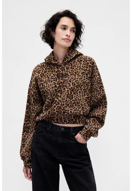 Късо худи с лого и животинска шарка - Тъмнокафяв/Светло бежово