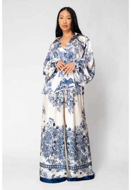 Комплект от блуза и дълъг панталон в копринена смес Off White/Navy 17818 - Тъмносин/Бежов