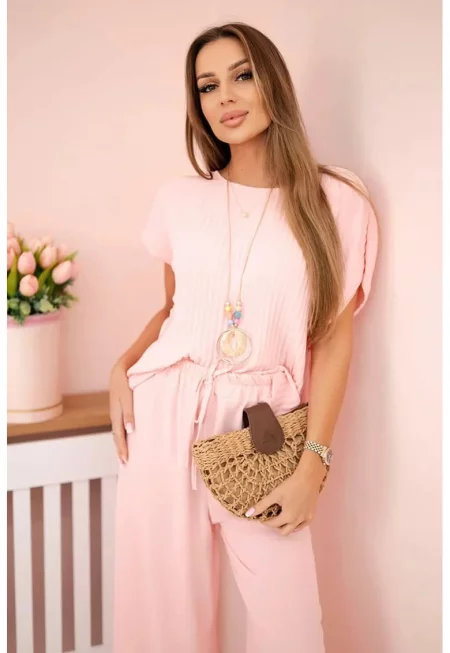 Комплект от плисирана блуза и панталон с връзки - Един размер