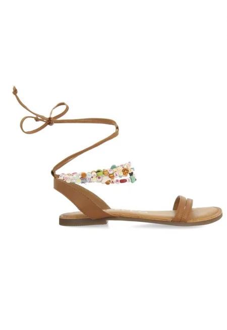 Кожени сандали с мъниста и дълги връзки - Карамел
