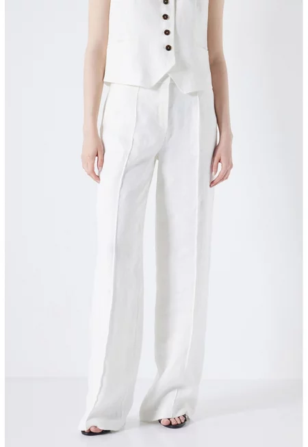 Ленен панталон с ръб - Бял