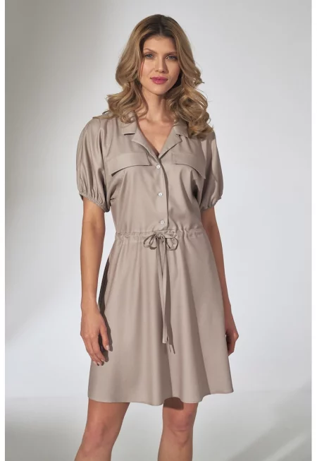 Лятна рокля  разкопчана - бежова - къс ръкав - вискоза