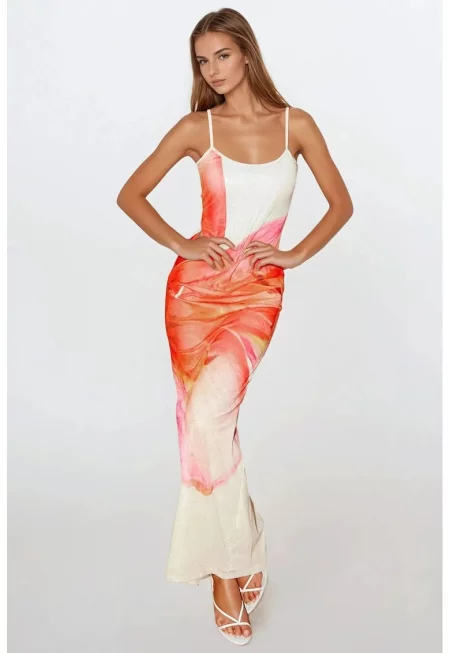 Макси рокля -  флорален принт - многоцветна - тюл