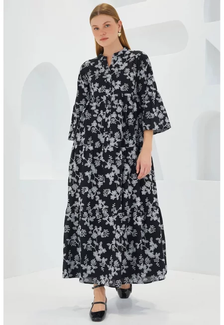 Макси рокля - HiCCUP - V-образно деколте - ръкави три четвърти - черна - памук -