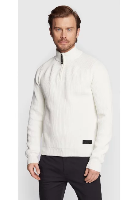 Мъжки пуловер -  Полиестер - Бял - Бял