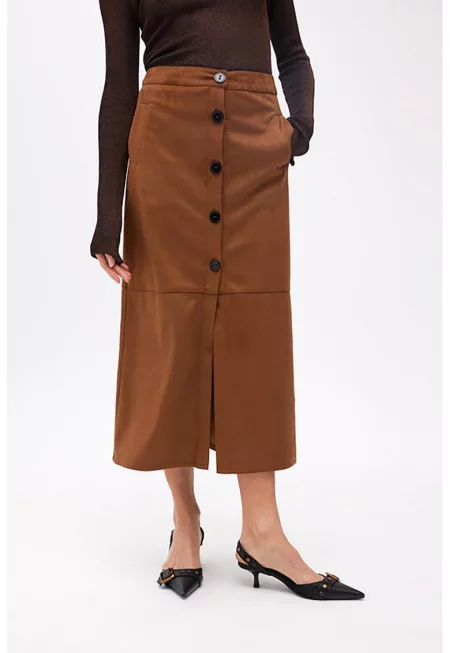 Миди пола от еко кожа с джобове - Карамел