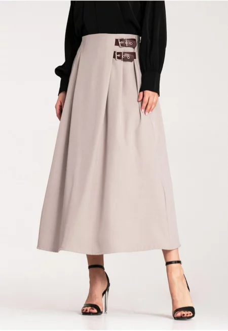 Миди пола  с колан - бежова - лека материя - полиестер - SM