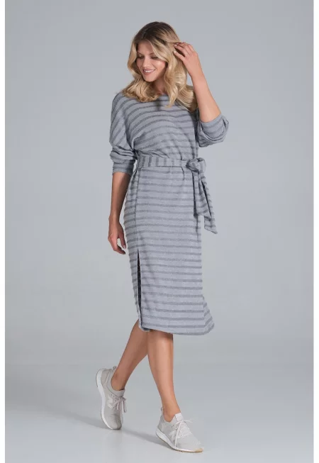 Миди рокля  сива с райета - дълъг ръкав - полиестер - SM