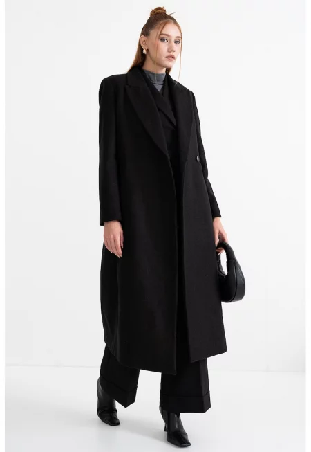 Палто с вълна с двойни ревери - Избеляло черно