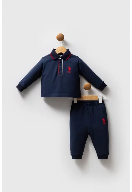 Памучна блуза с яка и спортен панталон - 2 части - Червен/Тъмносин