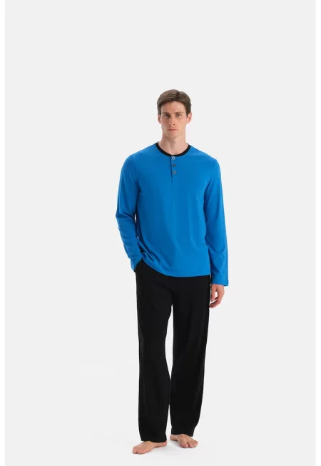 Памучна дълга пижама - Черен/Кралско Синьо