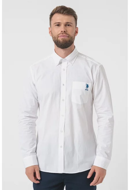 Памучна риза с пришит джоб - Бял