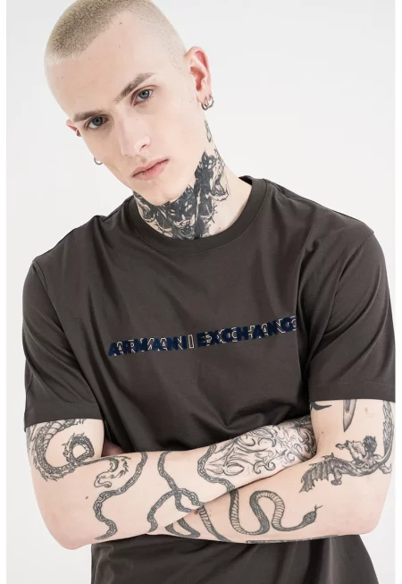 Памучна тениска с надписи - Тъмнокафяв